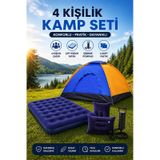 4 Kişilik Kamp Çadırı Çift Kişilik Şişme Yatak 2 Şişme Yastık Kamp Seti Mavi