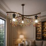 4 Kollu Kristal Taşlı Vintage Avize, Metal Materyal, 70 cm Genişlik, 5 Ampul Kapasiteli, Altın, Salon ve Oturma Odası için