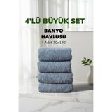4 lü Kareli Mavi Renk Yumuşak Pamuk Banyo Havlusu Seti 70x140 cm