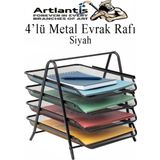 4 Lü Metal Evrak Rafı Siyah 1 Paket Masaüstü A4 Dosya Düzenleyici Kağıt Tepsisi Metal Çelik Fileli Dört Katlı Hareketli