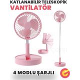 4 Modlu Şarjlı Katlanabilir Yükseltilebilir Taşınabilir Teleskopik Fan Vantilatör Portatif Masa Vantilatörü Minimal Ses Seviyesi Serinletici - Pembe