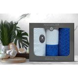 4 Parça 4'lü Jakarlı Kadife Banyo Havlu Seti|Hamam Takımı|Kutulu|Mavi-Krem - 50 x 85 cm - Mavi - Krem