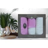 4 Parça 4'lü Jakarlı Kadife Banyo Havlu Seti|Hamam Takımı|Kutulu|Pembe-Krem - 50 x 85 cm - Pembe - Krem