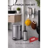 4 Parça Banyo Aksesuar Seti Yapışkanlı Duvar Rafı 5 Lt Çöp Kovası Tuvalet Fırça Krom Titan 7104