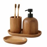 4 Parça Ceviz Ahşap Banyo Seti, Sıvı Sabunluk (550ml), Diş Fırçalık, Sabunluk ve Tepsi, Kahverengi