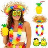 4 Parça Hawaii Parti Seti Ananas Bardak Hasır Şapka Avokado Gözlük Çiçek Kolye