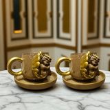 4 Parça Melekli Yaldızlı 3D Kabartmalı El Yapımı Seramik Vintage Kahve Fincanı - Kahverengi