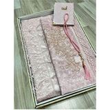 4 Parça Seccade Takımı Çeyizlik Bohça Kutulu Kadife Güpürlü Gelin Damat Seti - 70 x 120 cm - Pembe