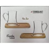 4 Parça Termosilikat Çay Seti Bambu Tabak