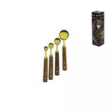 4 Pcs Gold Metal Ölçü Kaşık Seti Otantik Ağaç Kulp 15Ml - 5Ml - 2.5Ml - 1.25Ml (5067)