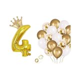 4 Rakam Gold Folyo Balon, Kral Tacı Ve Konfetili Gold Balon
