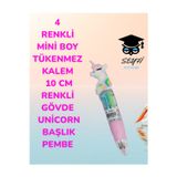 4 RENKLİ MİNİ BOY TÜKENMEZ KALEM 10 CM RENKLİ GÖVDE UNİCORN BAŞLIK