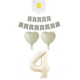 4 Yaş Krem Rakam Balonlu Papatyalı Kalp Folyo Balon Doğum Günü Seti Süsü