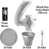 4 Yaş Pasta Mumu - 4 Yaş Folyo Balon - Tabak Bardak Çatal - Gri