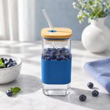 400 ML Bambu Kapaklı Cam Pipetli Bardak, Silikon Kılıflı Cam Su Bardağı, Yeniden Kullanılabilir Cam Pipetli İçecek Bardağı, Kahve Smoothie Soğuk İçecek Bardağı, Lacivert