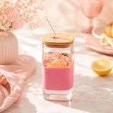 400 ML Bambu Kapaklı Cam Pipetli Bardak, Silikon Kılıflı Cam Su Bardağı, Yeniden Kullanılabilir Cam Pipetli İçecek Bardağı, Kahve Smoothie Soğuk İçecek Bardağı, Pembe