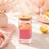 400 ML Bambu Kapaklı Cam Pipetli Bardak, Silikon Kılıflı Cam Su Bardağı, Yeniden Kullanılabilir Cam Pipetli İçecek Bardağı, Kahve Smoothie Soğuk İçecek Bardağı, Pembe