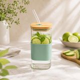 400 ML Bambu Kapaklı Cam Pipetli Bardak, Silikon Kılıflı Cam Su Bardağı, Yeniden Kullanılabilir Cam Pipetli İçecek Bardağı, Kahve Smoothie Soğuk İçecek Bardağı, Yeşil