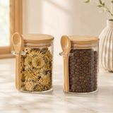 400 ML Kaşıklı Cam Kavanoz 2’li Set, Bambu Kapaklı Şeffaf Cam Saklama Kabı, Çay Kahve Baharat Şeker Kuruyemiş Kavanozu, Mutfak Düzenleyici Kaşıklı Cam Kavanoz Seti