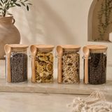 400 ml Kaşıklı Cam Kavanoz 4'lü Set, Bambu Kapaklı Şeffaf Cam Saklama Kabı, Çay Kahve Baharat Şeker Kuruyemiş Kavanozu, Mutfak Düzenleyici Kaşıklı Cam - Çok Renkli - Standart
