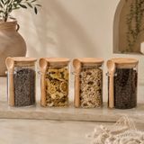 400 ML Kaşıklı Cam Kavanoz 4’lü Set, Bambu Kapaklı Şeffaf Cam Saklama Kabı, Çay Kahve Baharat Şeker Kuruyemiş Kavanozu, Mutfak Düzenleyici Kaşıklı Cam Kavanoz Seti