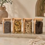 400 ML Kaşıklı Cam Kavanoz 4’lü Set, Bambu Kapaklı Şeffaf Cam Saklama Kabı, Çay Kahve Baharat Şeker Kuruyemiş Kavanozu, Mutfak Düzenleyici Kaşıklı Cam Kavanoz Seti