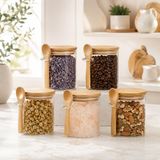 400 ML Kaşıklı Cam Kavanoz 5’li Set, Bambu Kapaklı Şeffaf Cam Saklama Kabı, Çay Kahve Baharat Şeker Kuruyemiş Kavanozu, Mutfak Düzenleyici Kaşıklı Cam Kavanoz Seti