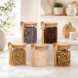 400 ML Kaşıklı Cam Kavanoz 5’li Set, Bambu Kapaklı Şeffaf Cam Saklama Kabı, Çay Kahve Baharat Şeker Kuruyemiş Kavanozu, Mutfak Düzenleyici Kaşıklı Cam Kavanoz Seti