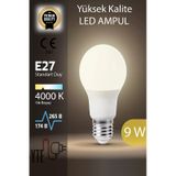 4000 K E 27 LED Ampul Ilık Beyaz 9 W Yüksek Kalite Göz Yormayan Ampul