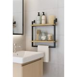 40x20 cm Banyo Rafı Duvara Monte Havluluk 2 Katlı Dekoratif Düzenleyici Organizer Siyah Metal - Meşe