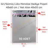 40x60 cm Gümüş Renk Bantlı Lüks Metalize Hediyelik Poşet (50 Adet)