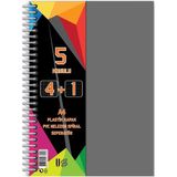 4+1 Ayraçlı Defter 5 Konulu 125 Yaprak 1 Adet 4 Kareli 1 Çizgili Spralli Plastik Kapak Seperatörlü - Gri
