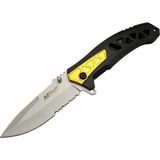 4191 Sarı Kamp Çakı 21CM - Yarı Otomatik, Kemerlikli, Testere Detaylı, Desenli Sap