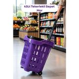 43 LT Tekerlekli Market Sepeti | Plastik Alışveriş Sepeti Ergonomik Çift Saplı Mor