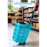 43 LT Tekerlekli Market Sepeti | Plastik Alışveriş Sepeti Ergonomik Çift Saplı Turkuaz