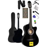 4/4 Kesik Kasa Siyah Klasik Gitar Seti, Ayarlanabilir Sap, Tam Set - Seçenek 1 - Ahşap