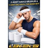 444 Marka Havlu Ter Kafa Sporcu Saç Bandı ve 2 Adet Havlu Bileklik Fitness Futbol Yoga Saç Bandı ve Bilekliği - Standart - Beyaz