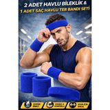 444 Marka Havlu Ter Kafa Sporcu Saç Bandı ve 2 Adet Havlu Bileklik Fitness Futbol Yoga Saç Bandı ve Bilekliği - Standart - Mavi