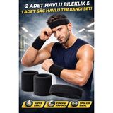 444 Marka Havlu Ter Kafa Sporcu Saç Bandı ve 2 Adet Havlu Bileklik Fitness Futbol Yoga Saç Bandı ve Bilekliği - Standart - Siyah