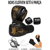 444 Marka Kıller Boks Eldiveni Seti Boxing Gloves Boks Bandajı Boks Dişliği Atlama Ipi Kick Boks Eldiveni - 12 oz - Siyah
