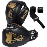 444 Marka Kıller Boks Eldiveni ve Bandaj Seti Boxing Gloves + Boks Bandajı Kick Boks Eldiveni Muay Thai - 12 oz - Siyah
