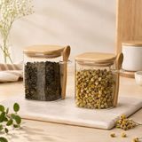 450 ml Kaşıklı Cam Kavanoz 2'li Set, Bambu Kapaklı Şeffaf Cam Saklama Kabı, Çay Kahve Şeker Baharat Kuruyemiş Kavanozu, Mutfak Düzenleyici Kaşıklı Bah