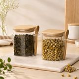 450 ML Kaşıklı Cam Kavanoz 2’li Set, Bambu Kapaklı Şeffaf Cam Saklama Kabı, Çay Kahve Şeker Baharat Kuruyemiş Kavanozu, Mutfak Düzenleyici Kaşıklı Baharatlık Seti
