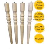 47 cm Ham Torna Ahşap Sehpa Ayağı 4 Adet Ayak | Mobilya Ayağı + Plastik Bağlantı Aparatları