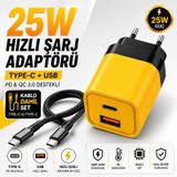 48W Hızlı Şarj Adaptörü + Type-c To Type-c Kablo Seti Pd & Qc 3.0 Destekli Usb + Type-c Çift Giriş Akıllı Koruma Hızlı Şarj Aleti Sarı
