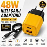 48W Hızlı Şarj Adaptörü + Type-C To Type-C Kablo Seti Pd & Qc 3.0 Destekli Usb + Type-C Çift Giriş Akıllı Koruma Hızlı Şarj Aleti