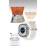 49MM Akıllı Saat, Bluetooth Kulaklık, 7 Kordon, Koruma Kılıfı ve Cam Hediye Seti - Seçenek 1 - Açık Bej