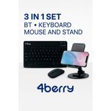 4Berry 3’lü Set – Bluetooth Klavye + Kablosuz Mouse + Telefon/Tablet Standı – Taşınabilir ve Şık Tasarım - Siyah - Kahve