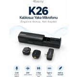 4Berry K26 Kablosuz Yaka Mikrofonu Type-C Çift Mikrofon Gürültü Azaltma Şarj Kutulu Vlog Röportaj Mikrofonu