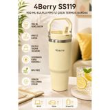 4Berry SS119 900 ml Çelik Termos Bardak Pipetli Kulplu Taşınabilir Su Matarası Krem